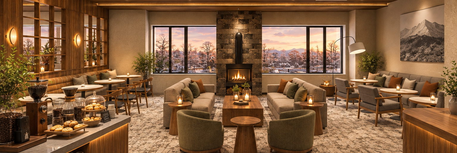Rendering of the lounge with a fireplace