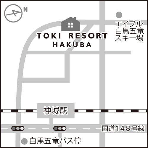 Sketch map of the area, showing Kamishiro Station, the Hakuba Goryu bus stop and the ski resort